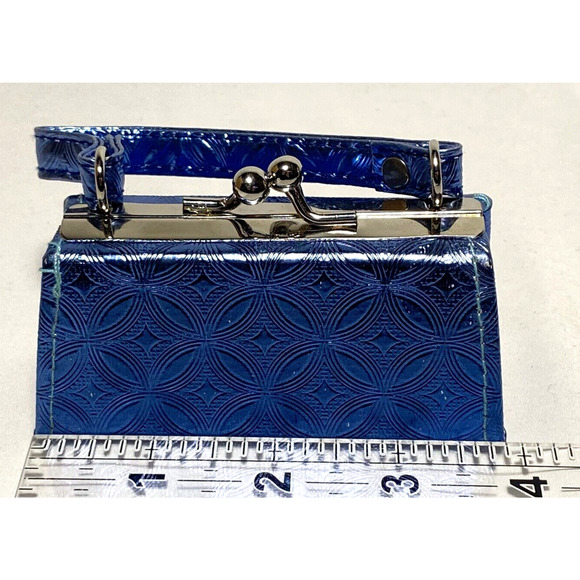 Tic Tok Mini Lipstick Coin Purse Shiny Blue Geometric Pattern Removable Handle - Picture 7 of 9
